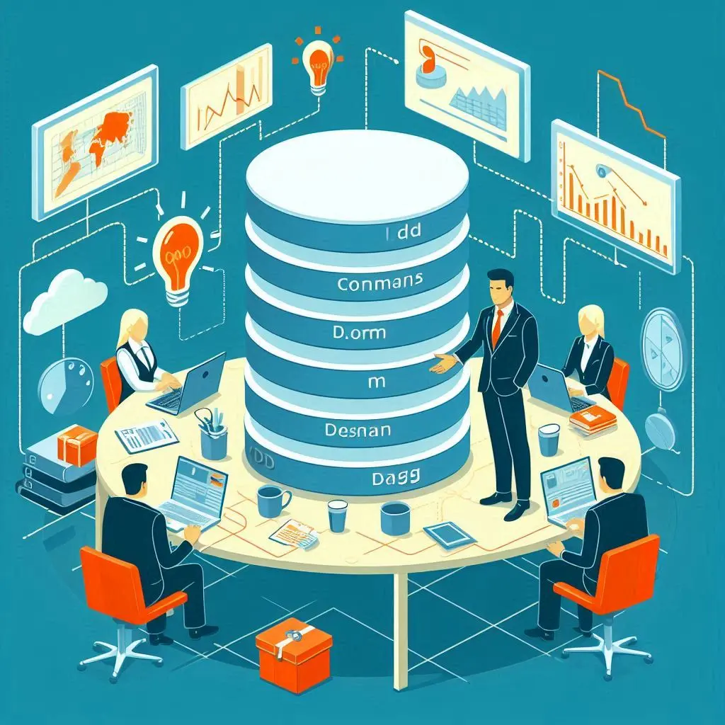 Illustration: Menschen arbeiten an Laptops rund um einen grossen Datenbank-Zylinder