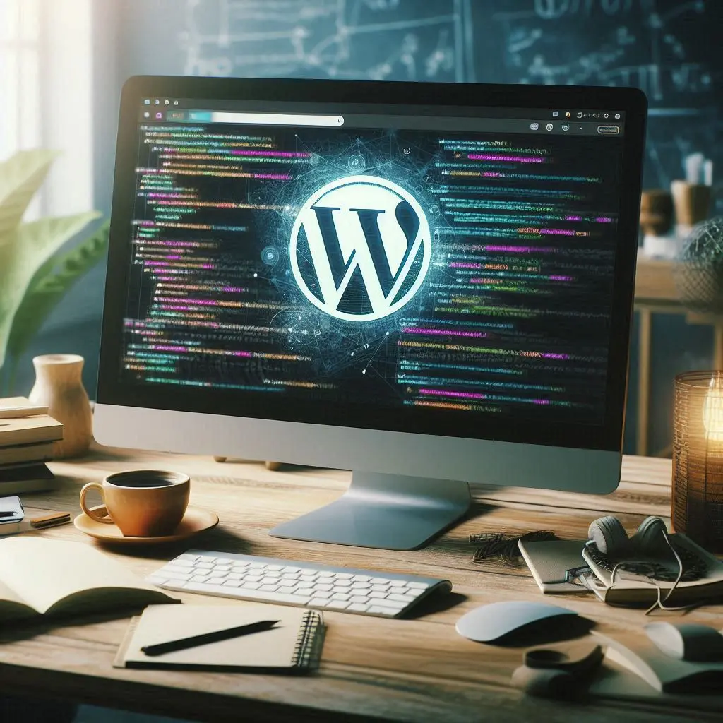 Bildschirm mit WordPress-Logo und Programmcode auf einem Schreibtisch