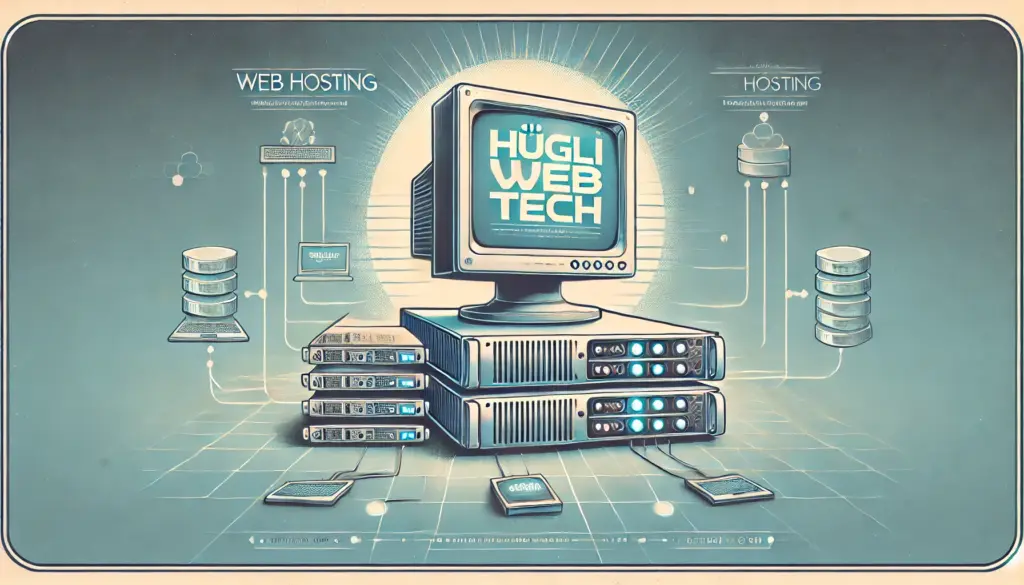 Illustration: Computer mit dem Schriftzug Hügli Web Tech auf einem Serverstapel, verbunden mit Datenbanken